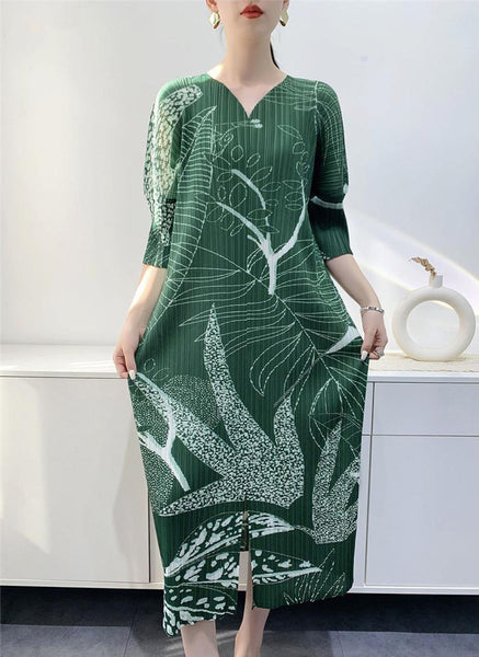 N240011 V-Neck Printed Short-Sleeve Pleats Dress *Green