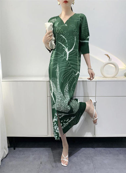 N240011 V-Neck Printed Short-Sleeve Pleats Dress *Green