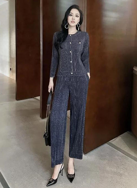 N240013 Long-Sleeve Pleated Jacket & Pants Set *Black