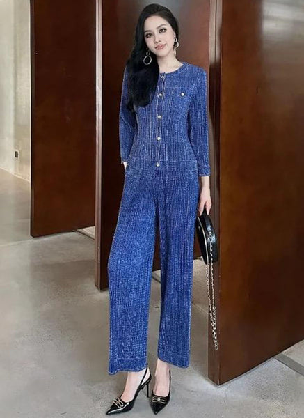 N240013 Long-Sleeve Pleated Jacket & Pants Set *Blue