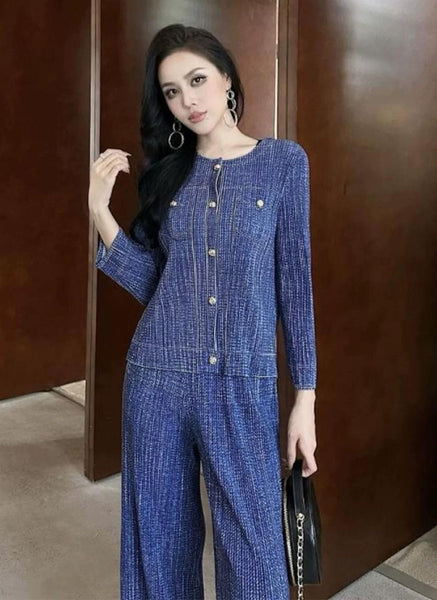 N240013 Long-Sleeve Pleated Jacket & Pants Set *Blue