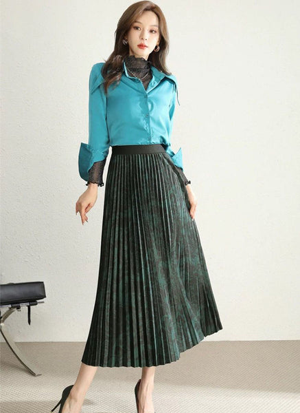 N240015 Printed Pleated Long Skirt *Last Piece