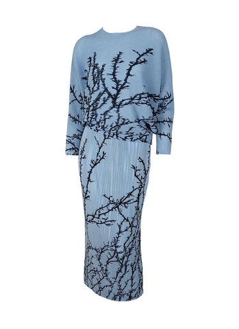 N240016 Printed Pleats Long Sleeve Top & Skirt Set *Blue