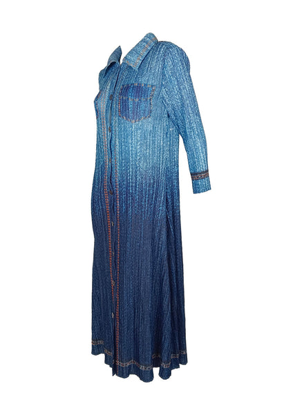 N240024 Long-Sleeve Denim Printed Pleats Dress *Blue