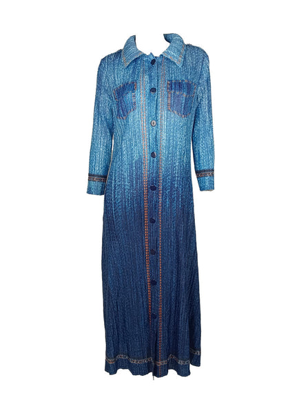 N240024 Long-Sleeve Denim Printed Pleats Dress *Blue