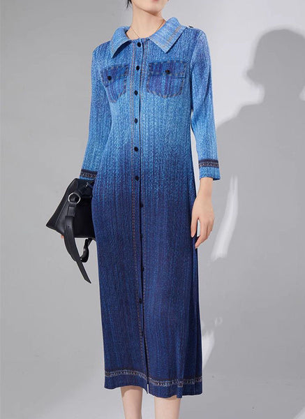 N240024 Long-Sleeve Denim Printed Pleats Dress *Blue