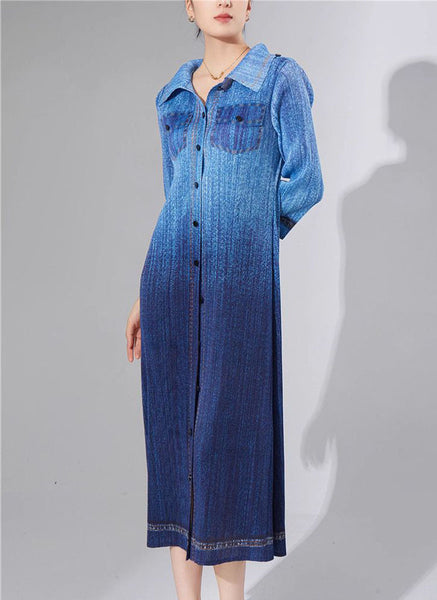 N240024 Long-Sleeve Denim Printed Pleats Dress *Blue