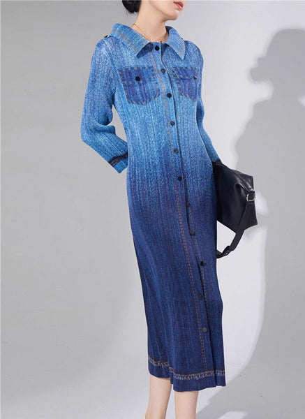 N240024 Long-Sleeve Denim Printed Pleats Dress *Blue