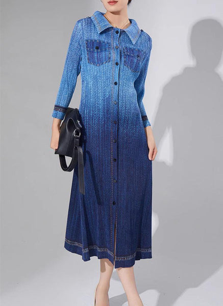 N240024 Long-Sleeve Denim Printed Pleats Dress *Blue