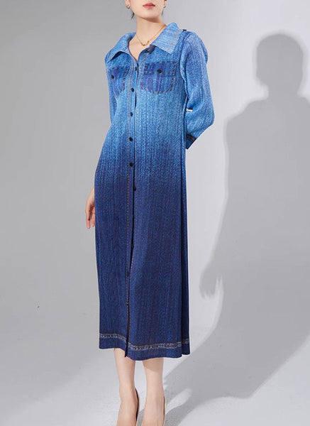 N240024 Long-Sleeve Denim Printed Pleats Dress *Blue