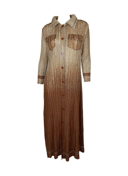 N240024 Long-Sleeve Denim Printed Pleats Dress *Brown