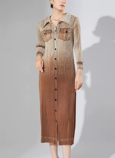 N240024 Long-Sleeve Denim Printed Pleats Dress *Brown