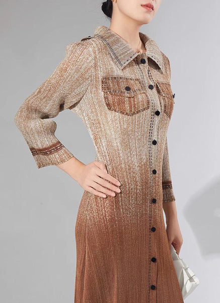 N240024 Long-Sleeve Denim Printed Pleats Dress *Brown