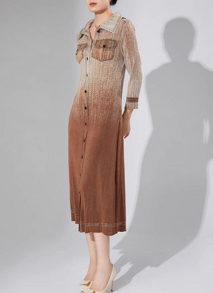 N240024 Long-Sleeve Denim Printed Pleats Dress *Brown