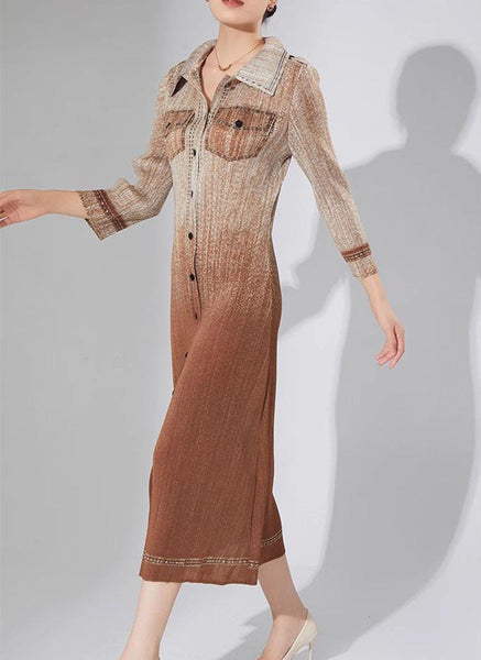 N240024 Long-Sleeve Denim Printed Pleats Dress *Brown