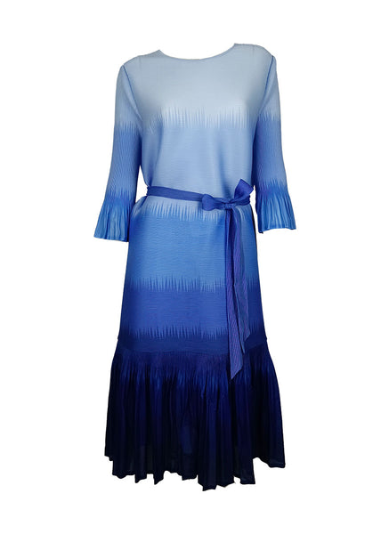 N240029 Trumpet Sleeved Pleats Dress *Blue