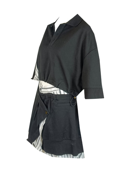 O230021 Striped Polo Shirt & Skirt Set *Black