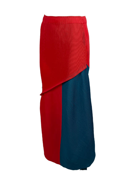 O230044 2 Tone Asymmetric Pleats Skirt *Red & Green