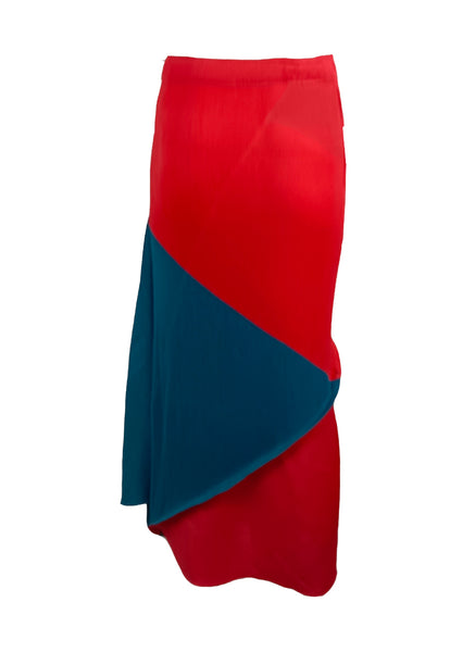 O230044 2 Tone Asymmetric Pleats Skirt *Red & Green