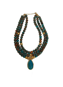 O230089 3 Layered Beads & Natural Stone Necklace *Blue