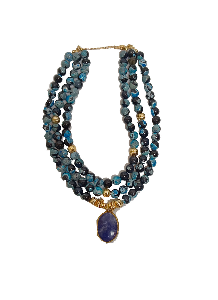 O230089 3 Layered Beads & Natural Stone Necklace *Purple