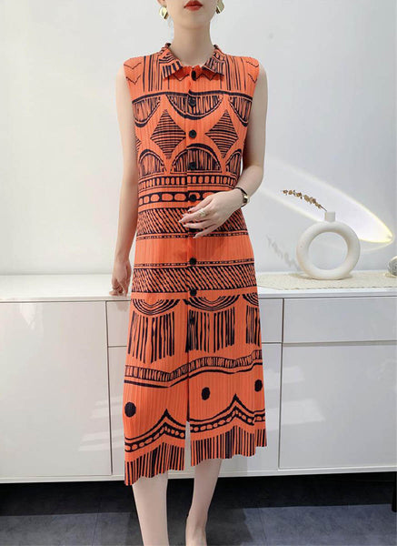 O240001 Printed Pleats Shirt Dress *Orange