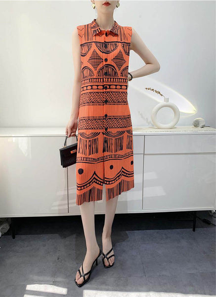 O240001 Printed Pleats Shirt Dress *Orange