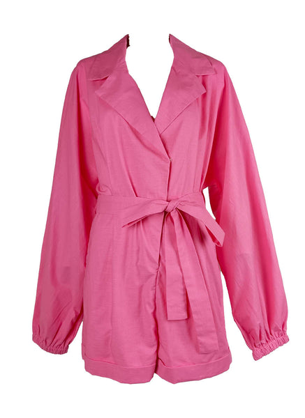 O240014 Long Sleeve Waist Tie Romper *Pink