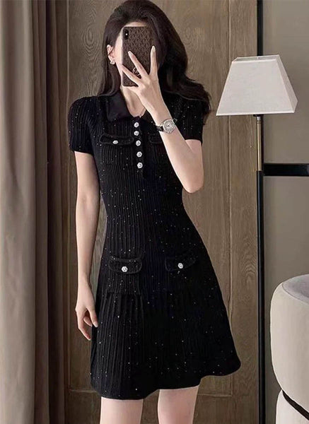 O240017 Short Sleeve Knitted Mini Dress *Black