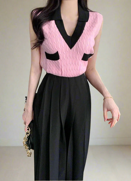 O240023 V-Neck Knitted  Sleeveless Top *Pink