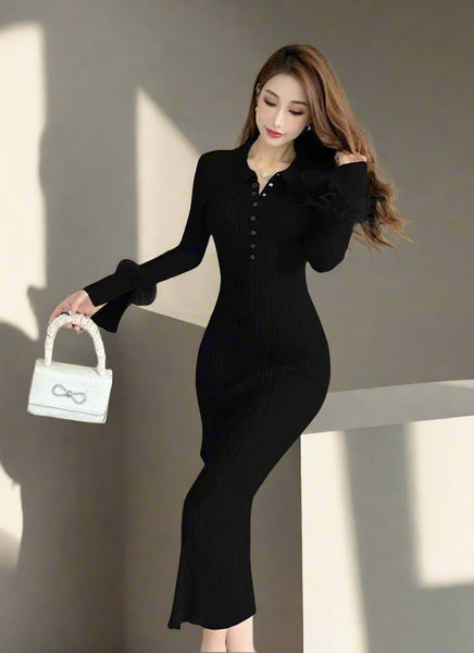 O240030 Knitted Collar Long Sleeve Dress *Black