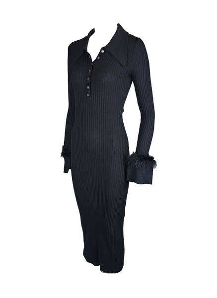 O240030 Knitted Collar Long Sleeve Dress *Black