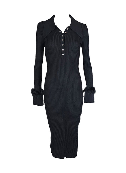 O240030 Knitted Collar Long Sleeve Dress *Black