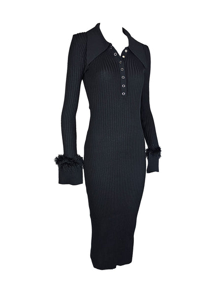 O240030 Knitted Collar Long Sleeve Dress *Black