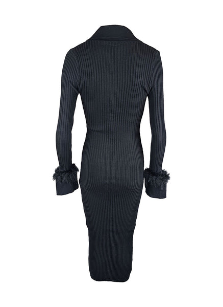 O240030 Knitted Collar Long Sleeve Dress *Black