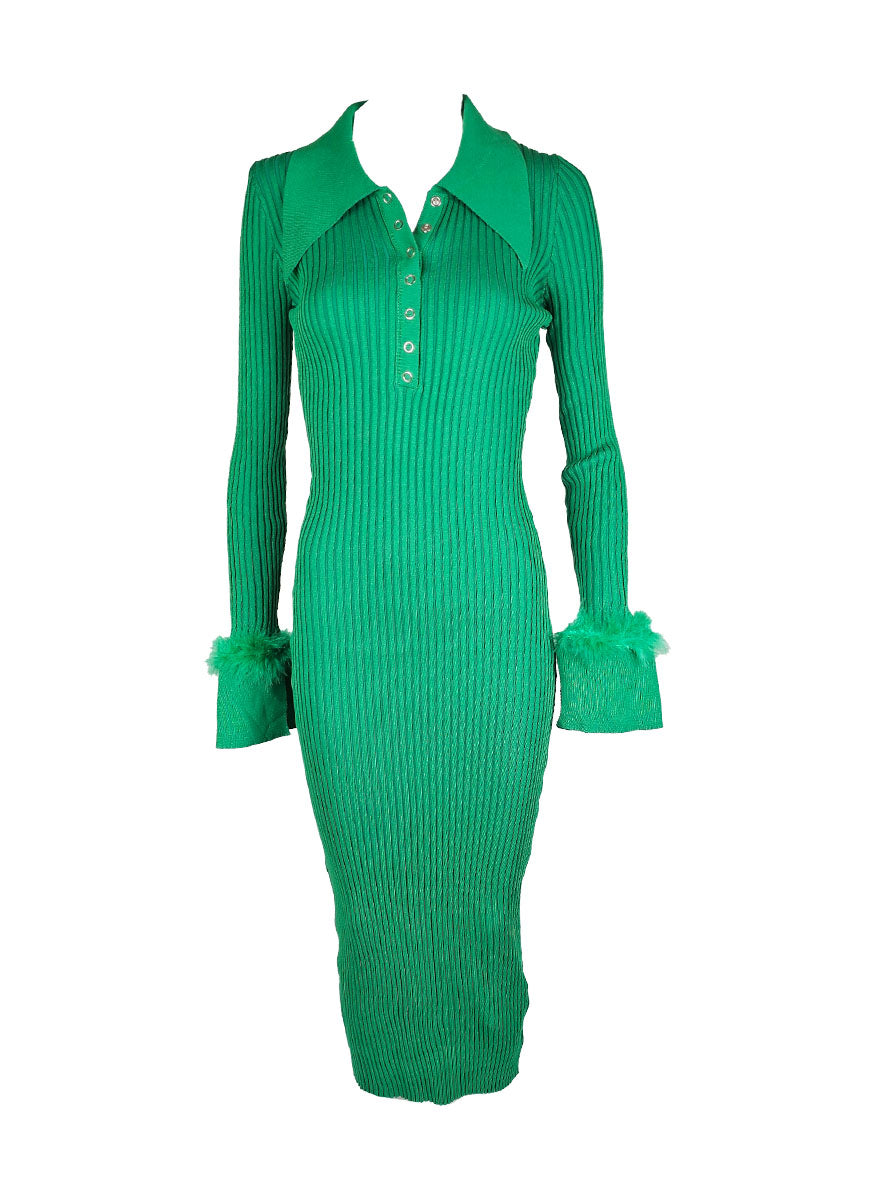 O240030 Knitted Collar Long Sleeve Dress *Green