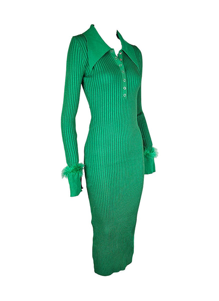 O240030 Knitted Collar Long Sleeve Dress *Green