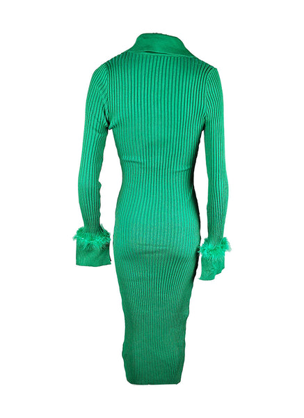 O240030 Knitted Collar Long Sleeve Dress *Green