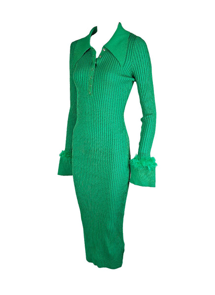 O240030 Knitted Collar Long Sleeve Dress *Green