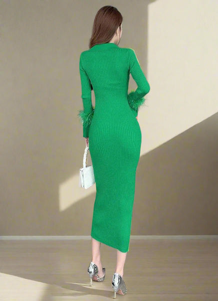 O240030 Knitted Collar Long Sleeve Dress *Green