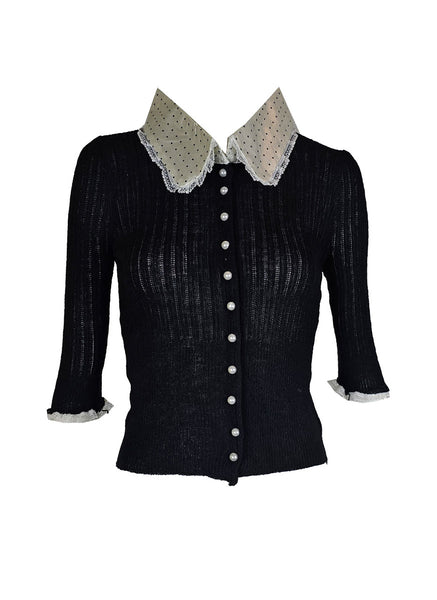 O240031 Silk Collar Long Sleeve Knitted Top *Black