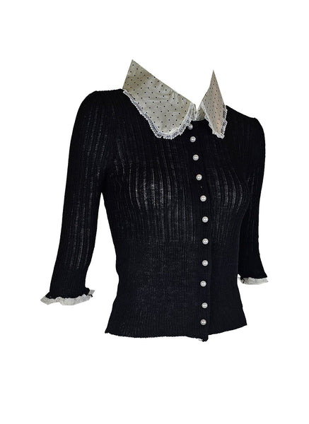 O240031 Silk Collar Long Sleeve Knitted Top *Black