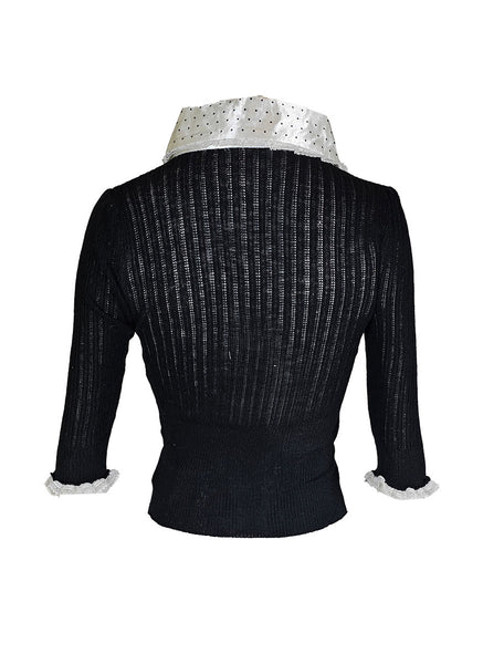 O240031 Silk Collar Long Sleeve Knitted Top *Black