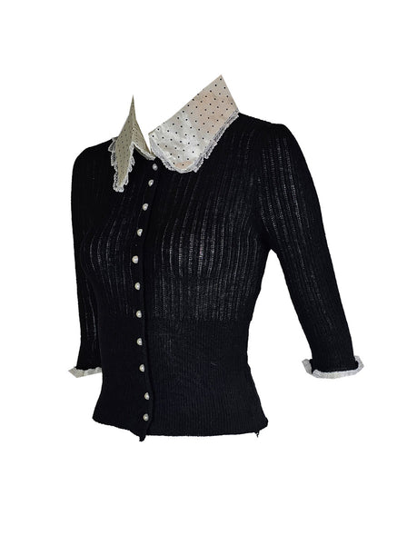 O240031 Silk Collar Long Sleeve Knitted Top *Black