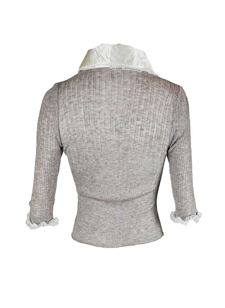 O240031 Silk Collar Long Sleeve Knitted Top *Grey