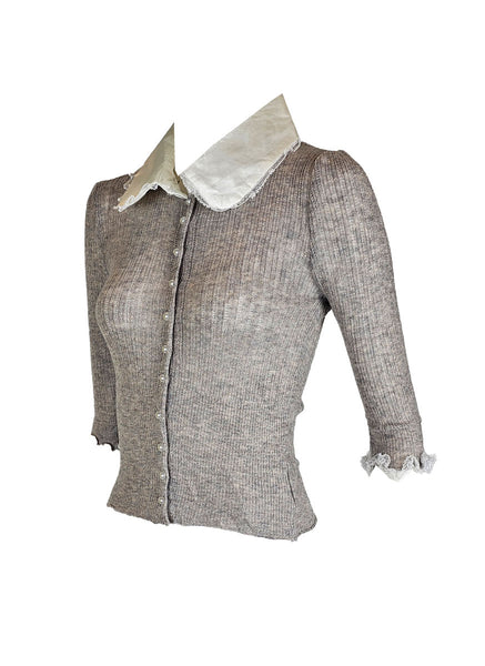 O240031 Silk Collar Long Sleeve Knitted Top *Grey