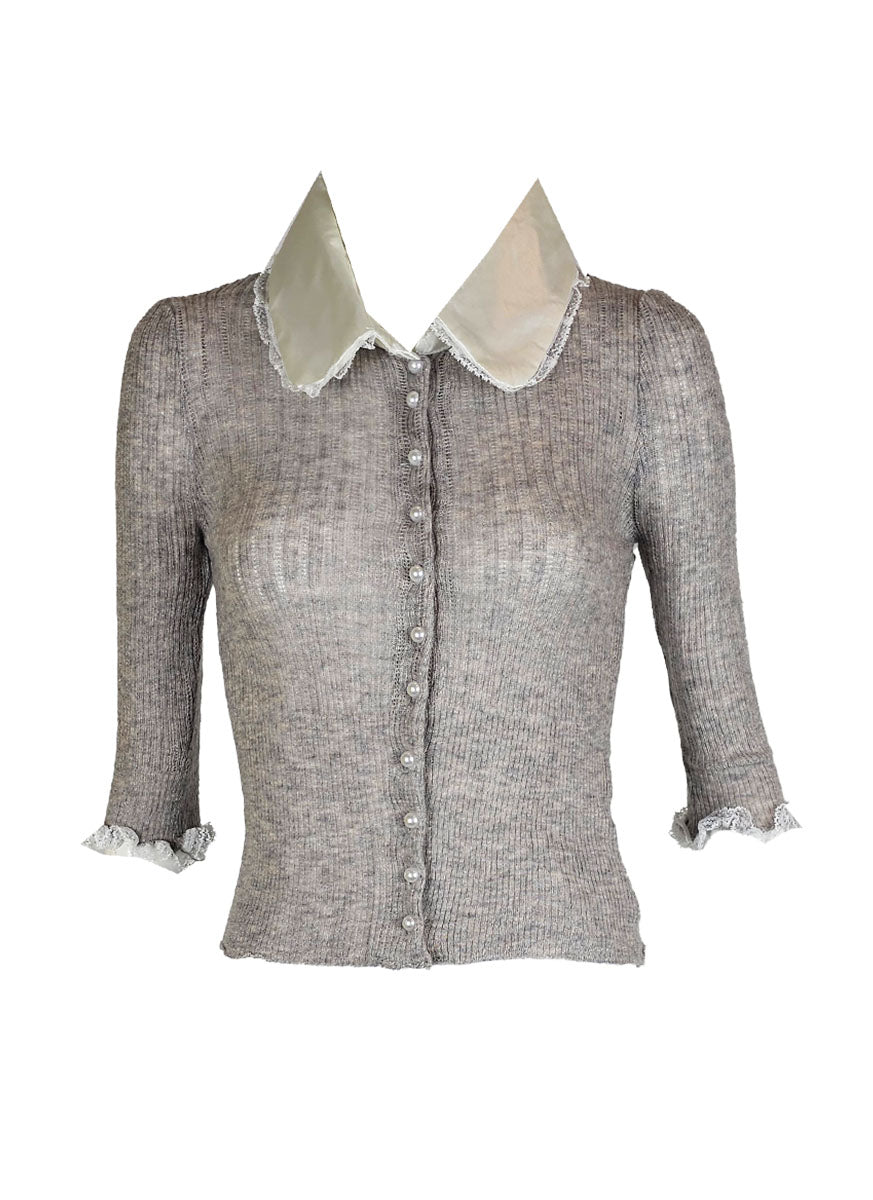 O240031 Silk Collar Long Sleeve Knitted Top *Grey