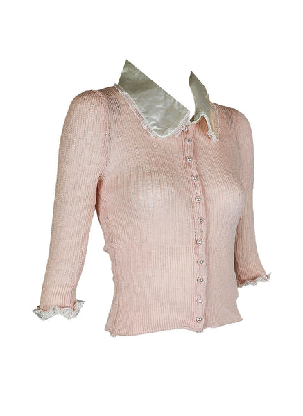 O240031 Silk Collar Long Sleeve Knitted Top *Pink