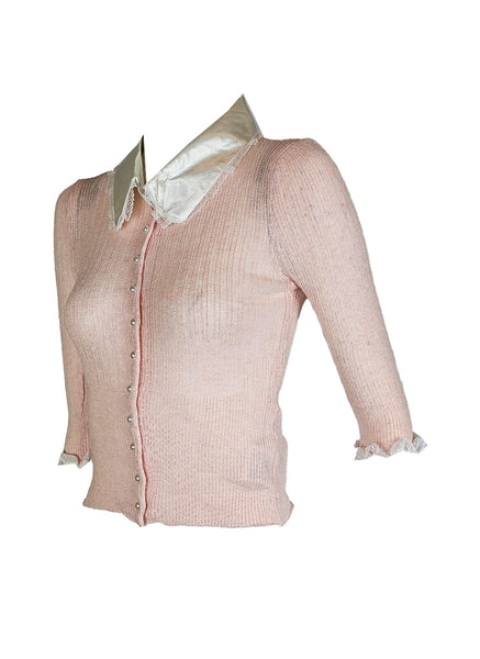 O240031 Silk Collar Long Sleeve Knitted Top *Pink