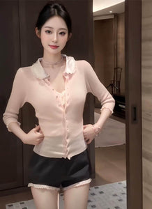 O240031 Silk Collar Long Sleeve Knitted Top *Pink